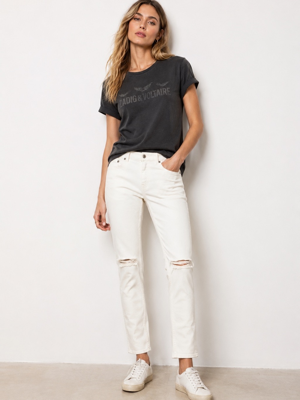 Zadig & Voltaire Dusty Cut Eco Denim Distressed Jeans Ivory Cream Size 30